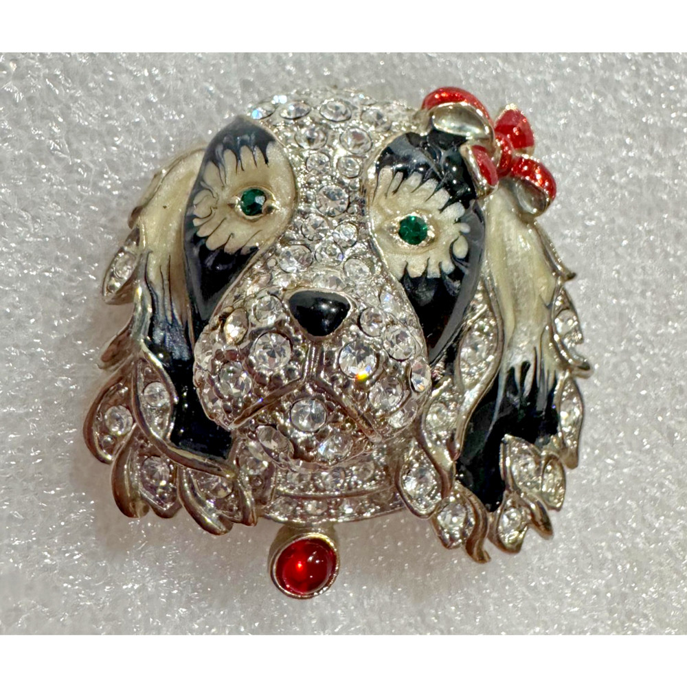 Vtg Lhasa Apso Shih Tzu Dog Brooch Domed 3D Pave Rhinestone Enamel Black White